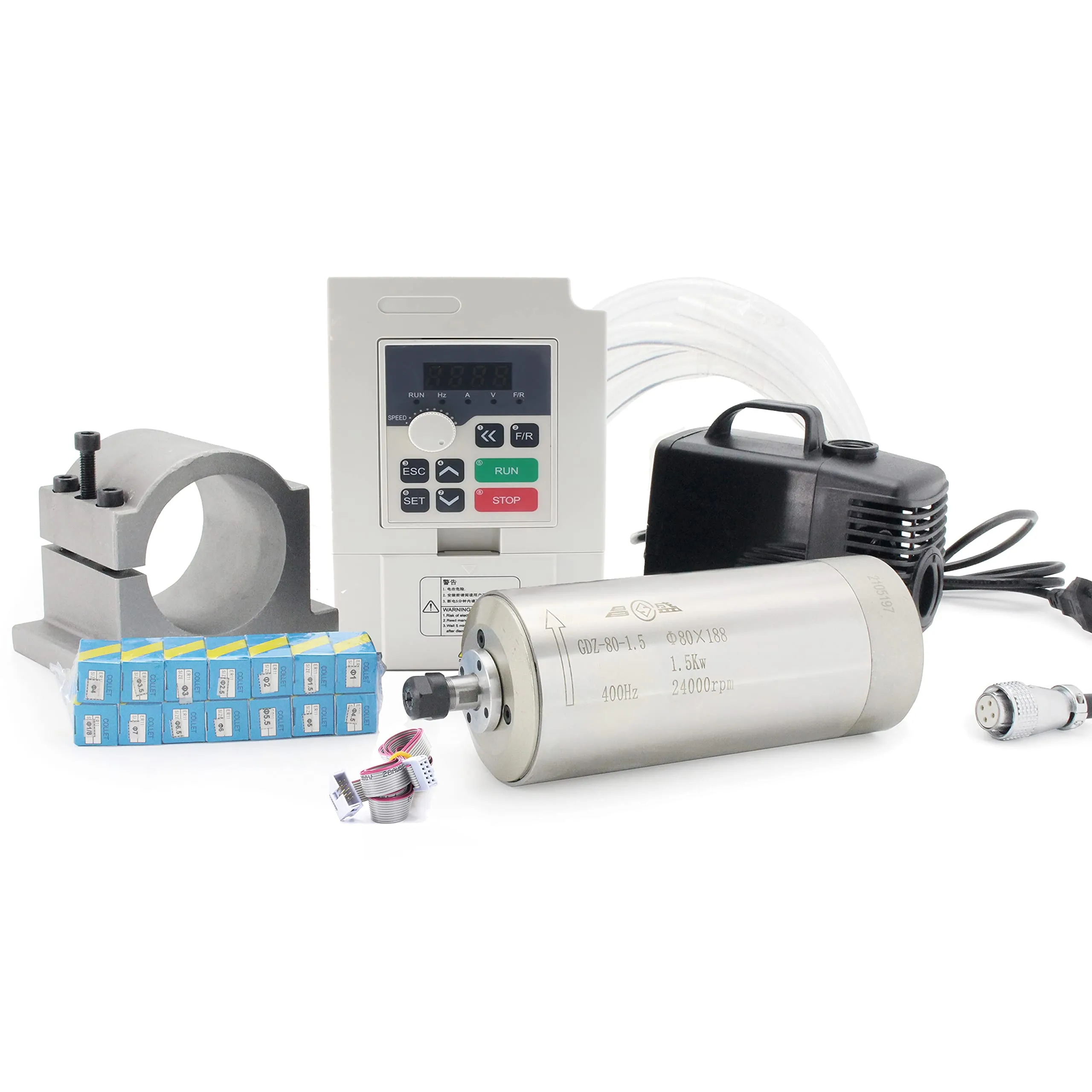 rattmmotor-1-5kw-water-cooled-spindle-motor-kit-110v-cnc-spindle-motor-80mm-vfd-drive-inverter-single-to-3-phase-80mm-spindle-mount-80w-water-pump-with-pipe-14pcs-er11-collet-for-c