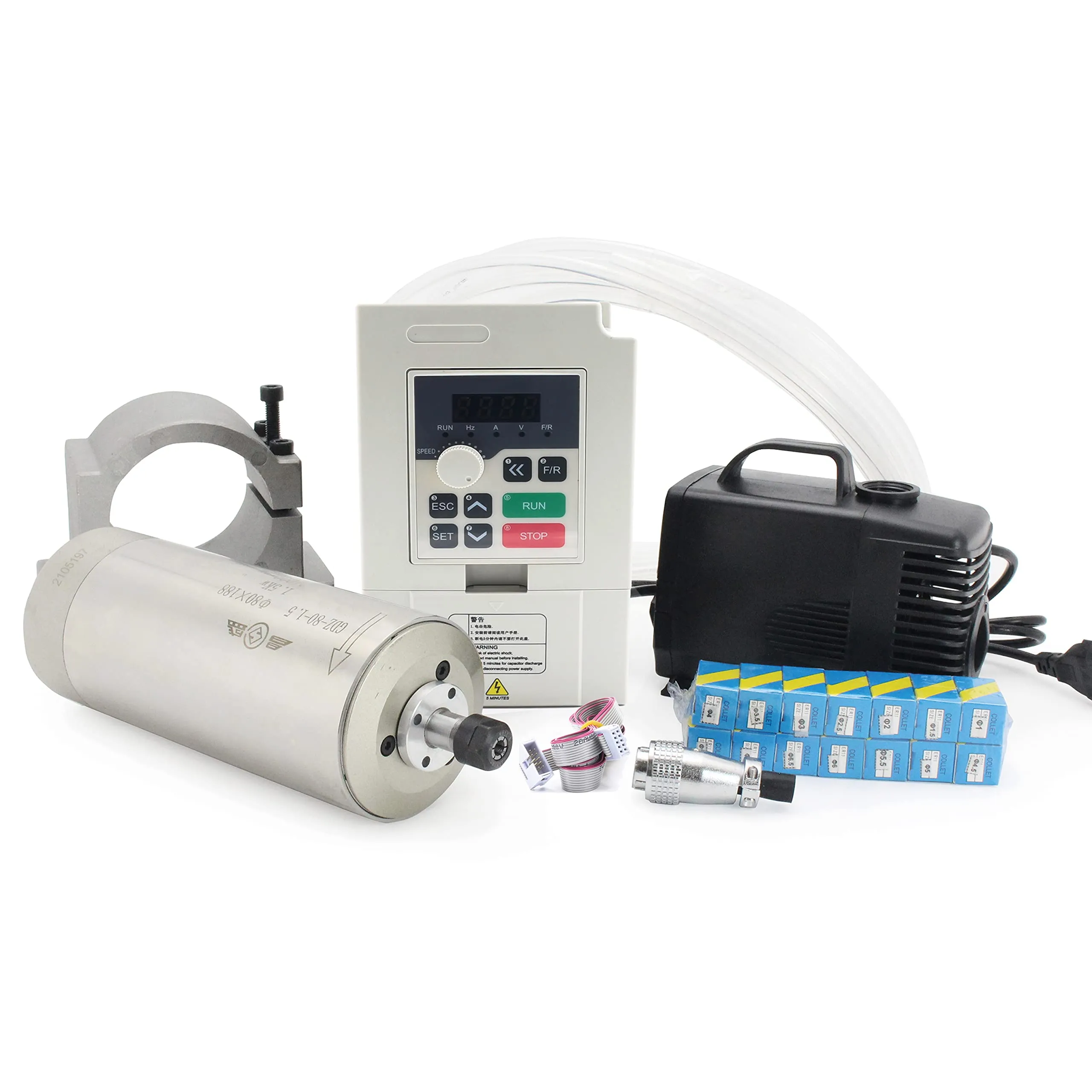 rattmmotor-1-5kw-water-cooled-spindle-motor-kit-110v-cnc-spindle-motor-80mm-vfd-drive-inverter-single-to-3-phase-80mm-spindle-mount-80w-water-pump-with-pipe-14pcs-er11-collet-for-c