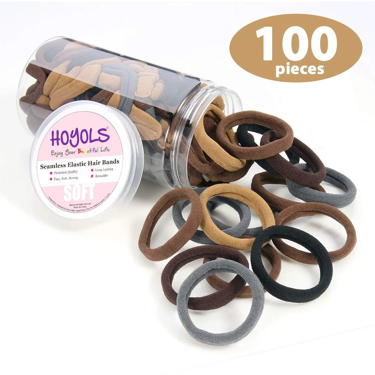 hoyols-soft-thick-seamless-cotton-hair-ties-ponytail-scrunchies-head-bands-no-damage-crease-for-women-girls-kids-ponytail-holder-100-pieces-brunette-brown-set