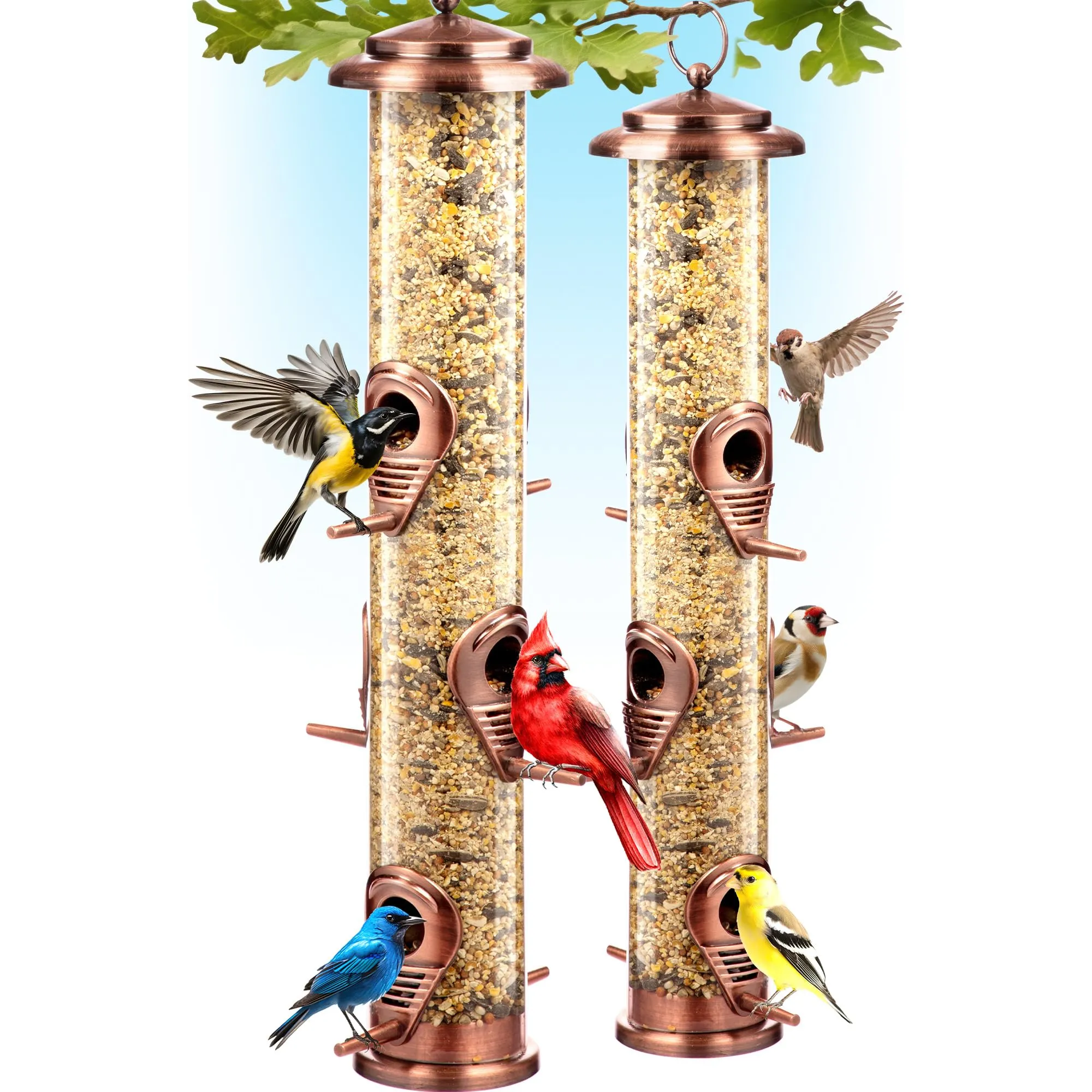 gray-bunny-squirrel-proof-bird-feeders-for-outdoors-hanging-brushed-copper-wild-bird-feeder-with-locking-lid-adjustable-hanger-chew-proof-weather-resistant-16-inches-6-port-2-pack