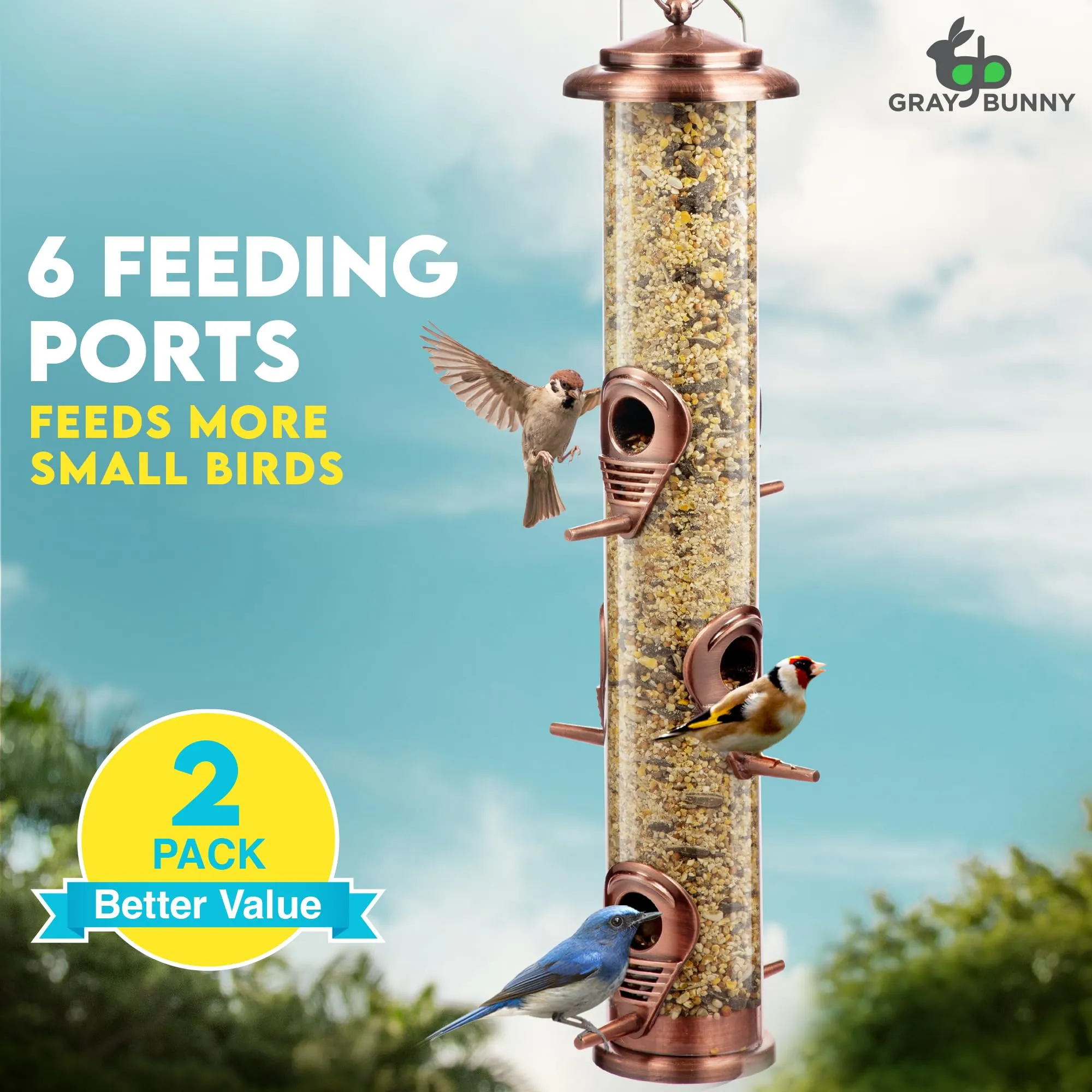 gray-bunny-squirrel-proof-bird-feeders-for-outdoors-hanging-brushed-copper-wild-bird-feeder-with-locking-lid-adjustable-hanger-chew-proof-weather-resistant-16-inches-6-port-2-pack