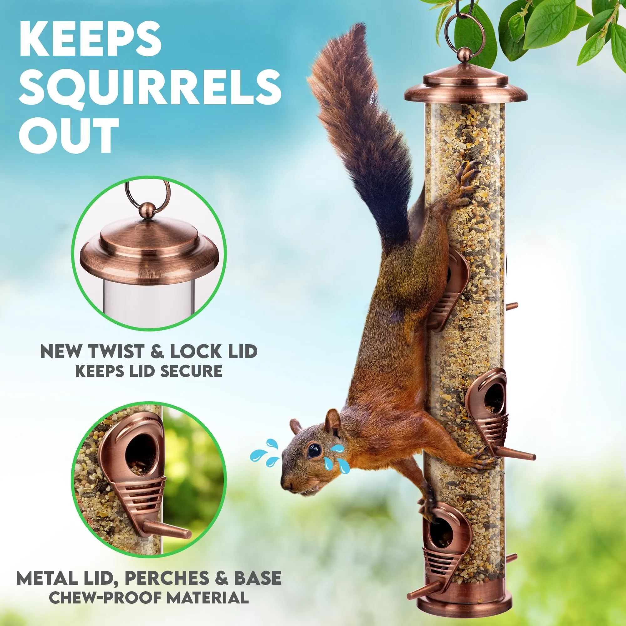 gray-bunny-squirrel-proof-bird-feeders-for-outdoors-hanging-brushed-copper-wild-bird-feeder-with-locking-lid-adjustable-hanger-chew-proof-weather-resistant-16-inches-6-port-2-pack