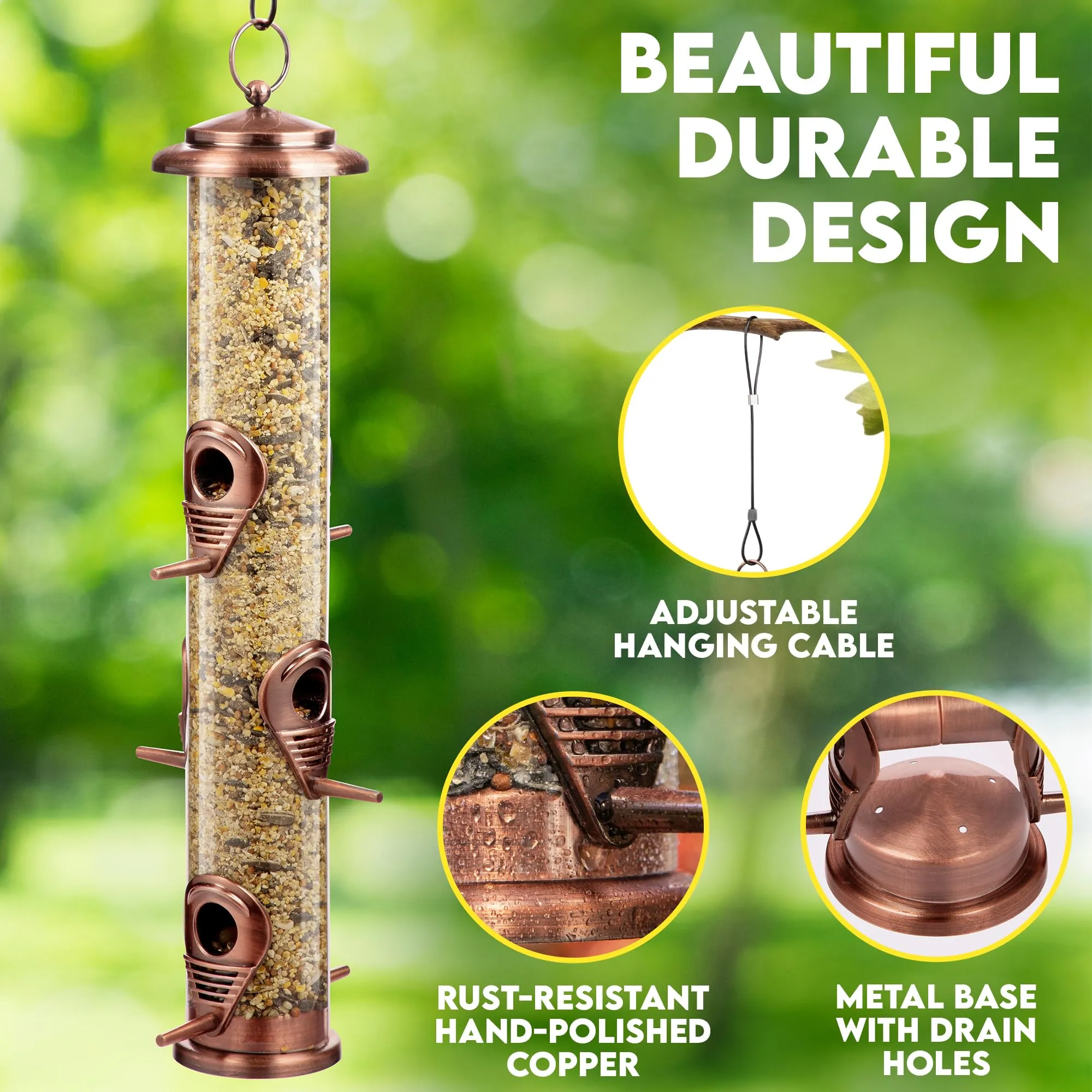 gray-bunny-squirrel-proof-bird-feeders-for-outdoors-hanging-brushed-copper-wild-bird-feeder-with-locking-lid-adjustable-hanger-chew-proof-weather-resistant-16-inches-6-port-2-pack