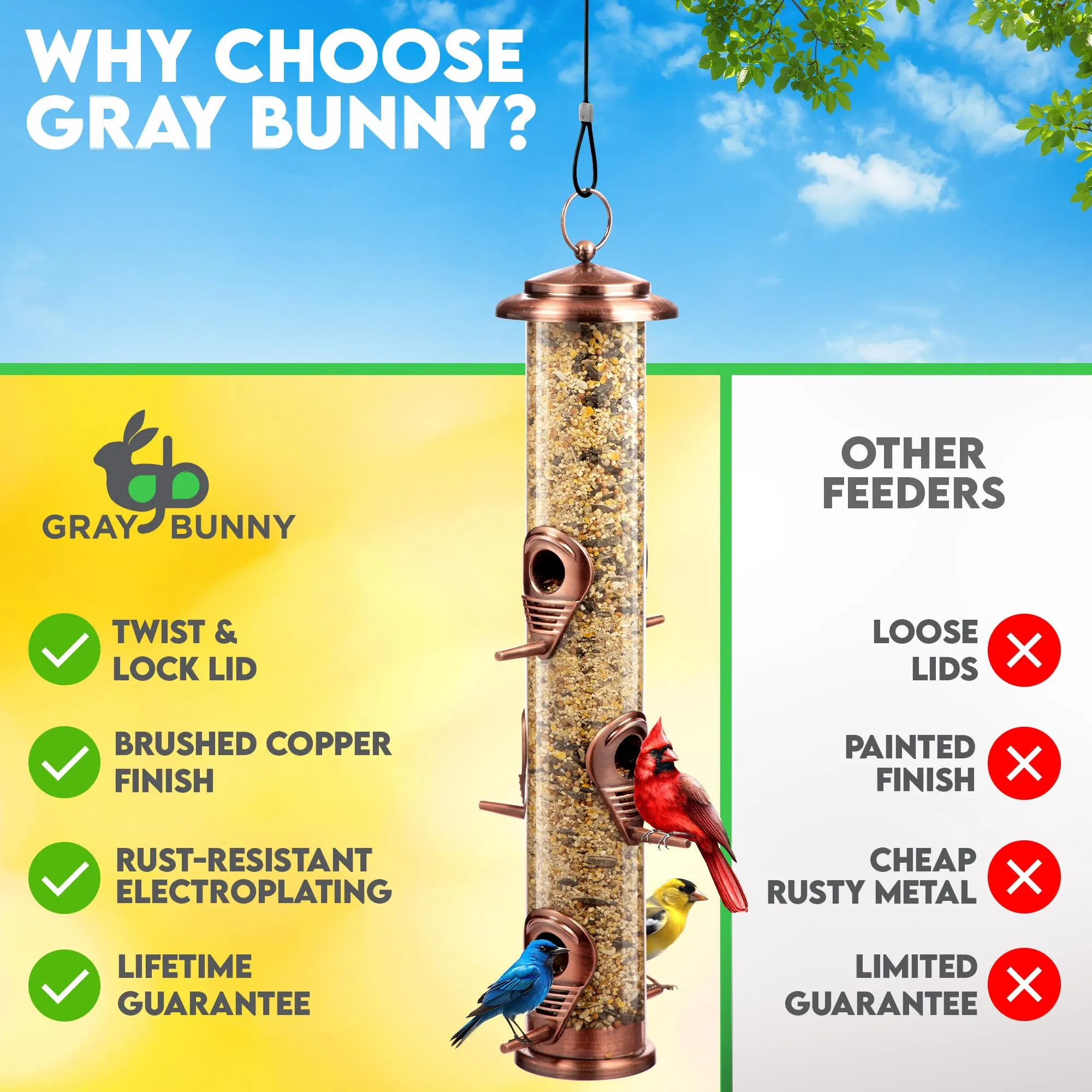 gray-bunny-squirrel-proof-bird-feeders-for-outdoors-hanging-brushed-copper-wild-bird-feeder-with-locking-lid-adjustable-hanger-chew-proof-weather-resistant-16-inches-6-port-2-pack