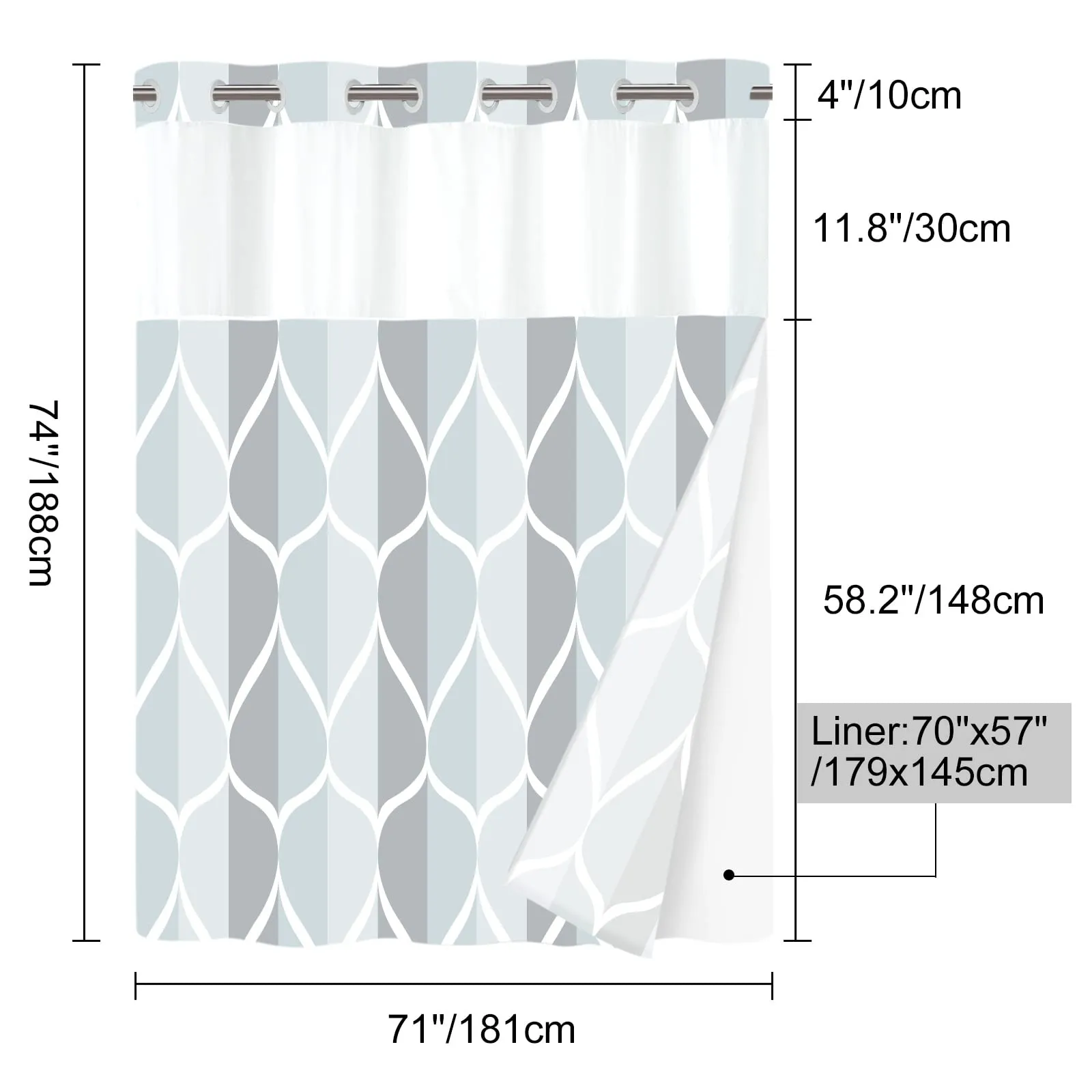 yiatn-no-hook-grey-shower-curtain-with-snap-in-fabric-liner-set-hotel-style-with-see-through-mesh-top-window-modern-geometric-waterdrop-design-water-repellent-washable-71x74-inch