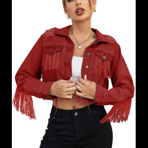 Chaqueta de Mezclilla Cortada para Mujer con Flecos