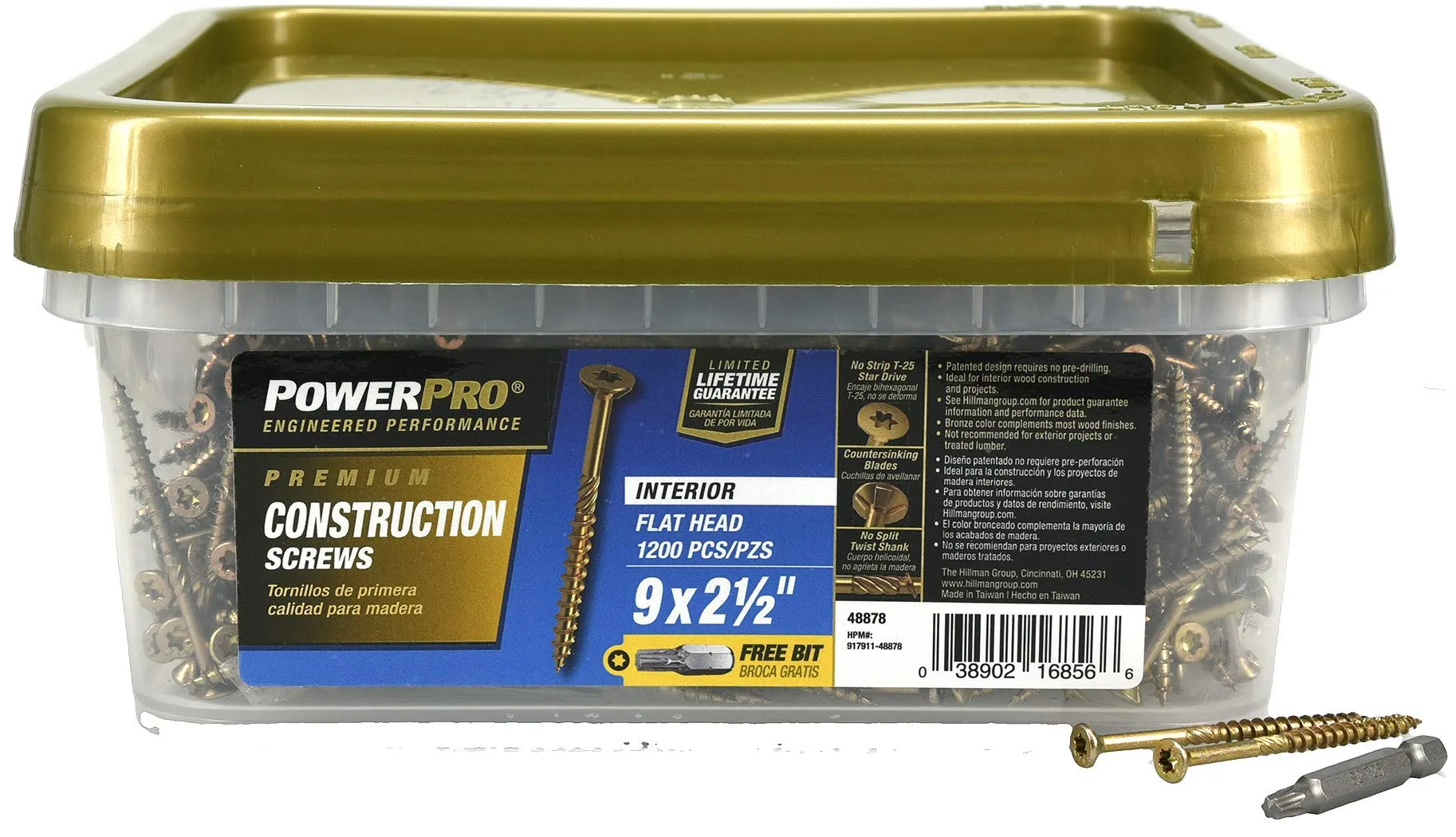 power-pro-48878-wood-screws-9-x-2-1-2-premium-star-drive-indoor-cabinet-screws-gold-yellow-zinc-12lb-tub-1200-pcs-white
