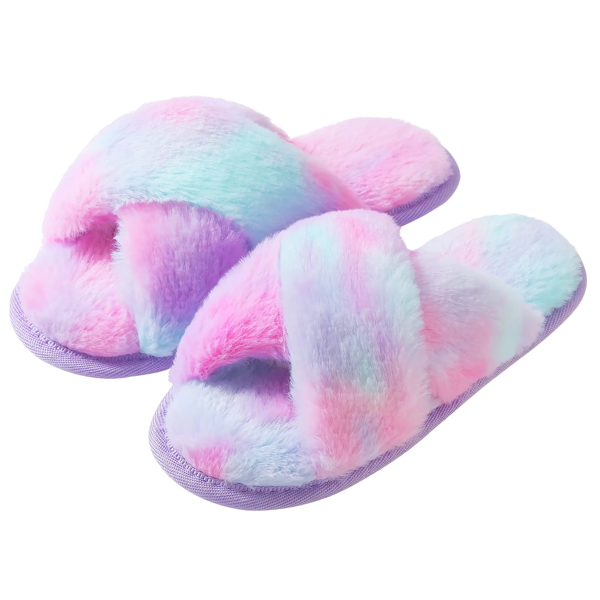 shoeslocker-girls-cross-band-slippers-open-toe-tie-dye-plush-house-slippers-nonslip-casual-slippers