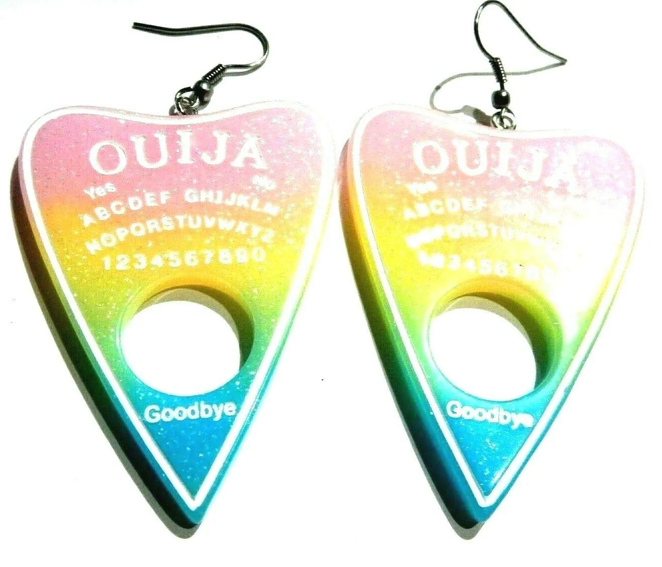 pastel-rainbow-glitter-ouija-board-planchette-earrings-on-hypoallergenic-french-ear-hooks