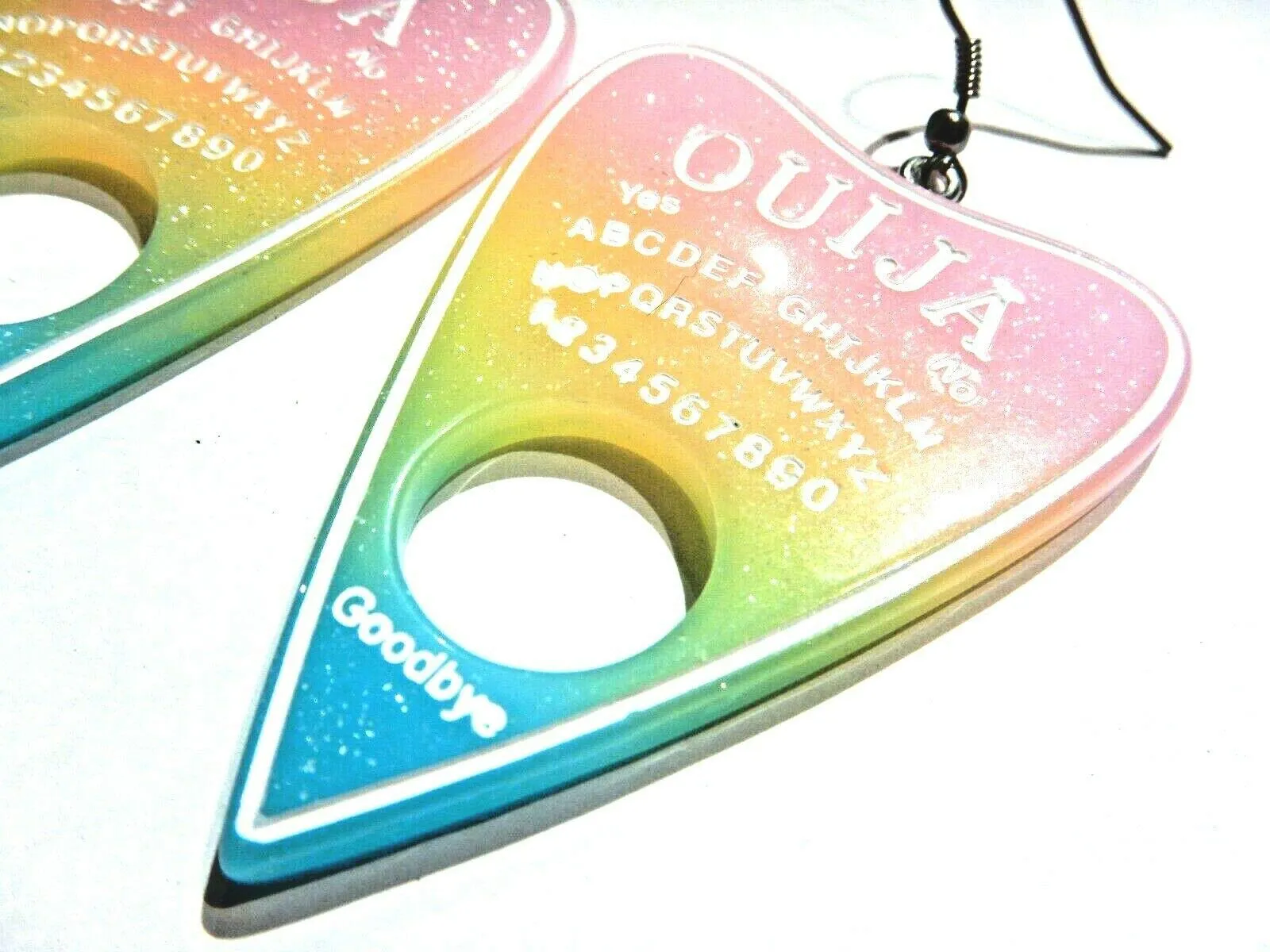 pastel-rainbow-glitter-ouija-board-planchette-earrings-on-hypoallergenic-french-ear-hooks