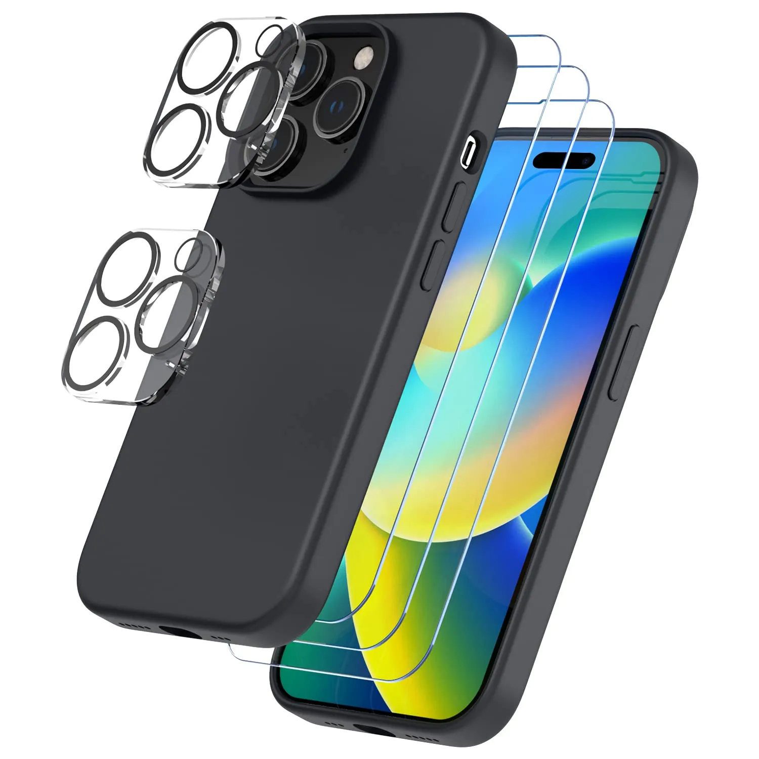 trianium-6-in-1-designed-for-iphone-14-pro-case-silicone-black-with-3-pack-screen-protector-2-pack-camera-lens-protector-bundle-protection-kit-hd-tempered-glass-slim-cover-6-1-inch