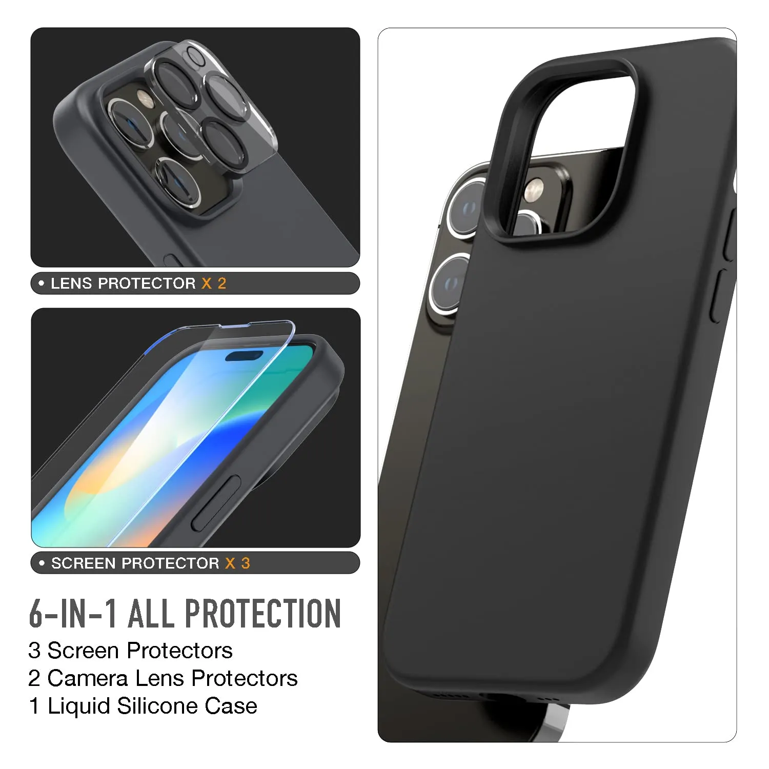 trianium-6-in-1-designed-for-iphone-14-pro-case-silicone-black-with-3-pack-screen-protector-2-pack-camera-lens-protector-bundle-protection-kit-hd-tempered-glass-slim-cover-6-1-inch