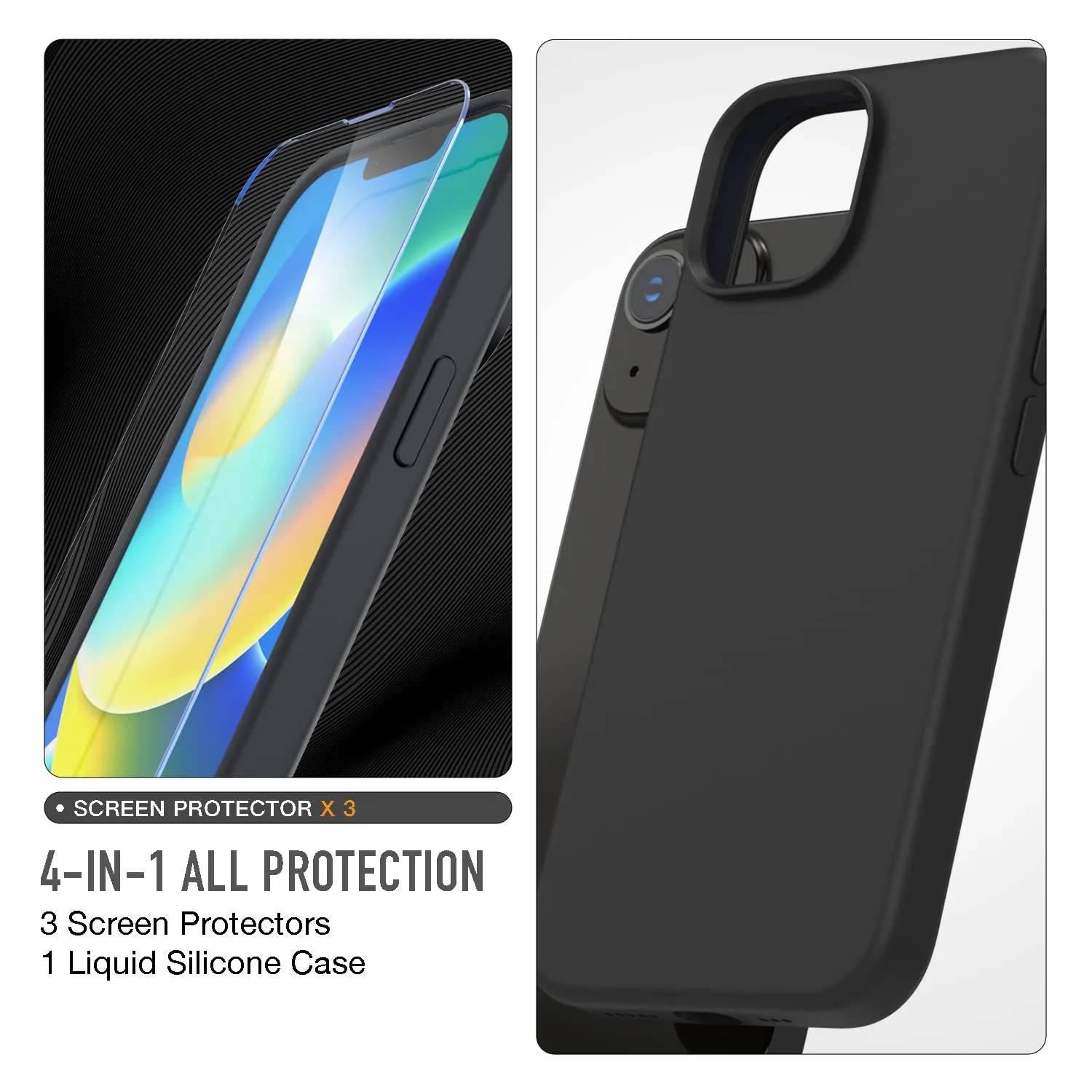 trianium-4-in-1-designed-for-iphone-14-plus-case-silicone-black-with-3-pack-screen-protector-bundle-protection-kit-hd-tempered-glass-slim-cover-6-7-inch-2022