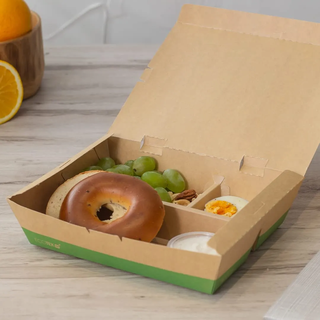 restaurantware-eco-tek-50-7-ounce-to-go-boxes-100-bento-boxes-3-compartments-tab-lock-closure-kraft-and-green-paper-take-out-boxes-pla-lining-for-restaurants-or-parties
