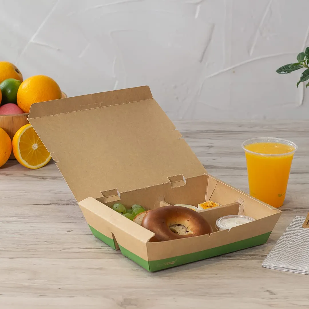 restaurantware-eco-tek-50-7-ounce-to-go-boxes-100-bento-boxes-3-compartments-tab-lock-closure-kraft-and-green-paper-take-out-boxes-pla-lining-for-restaurants-or-parties