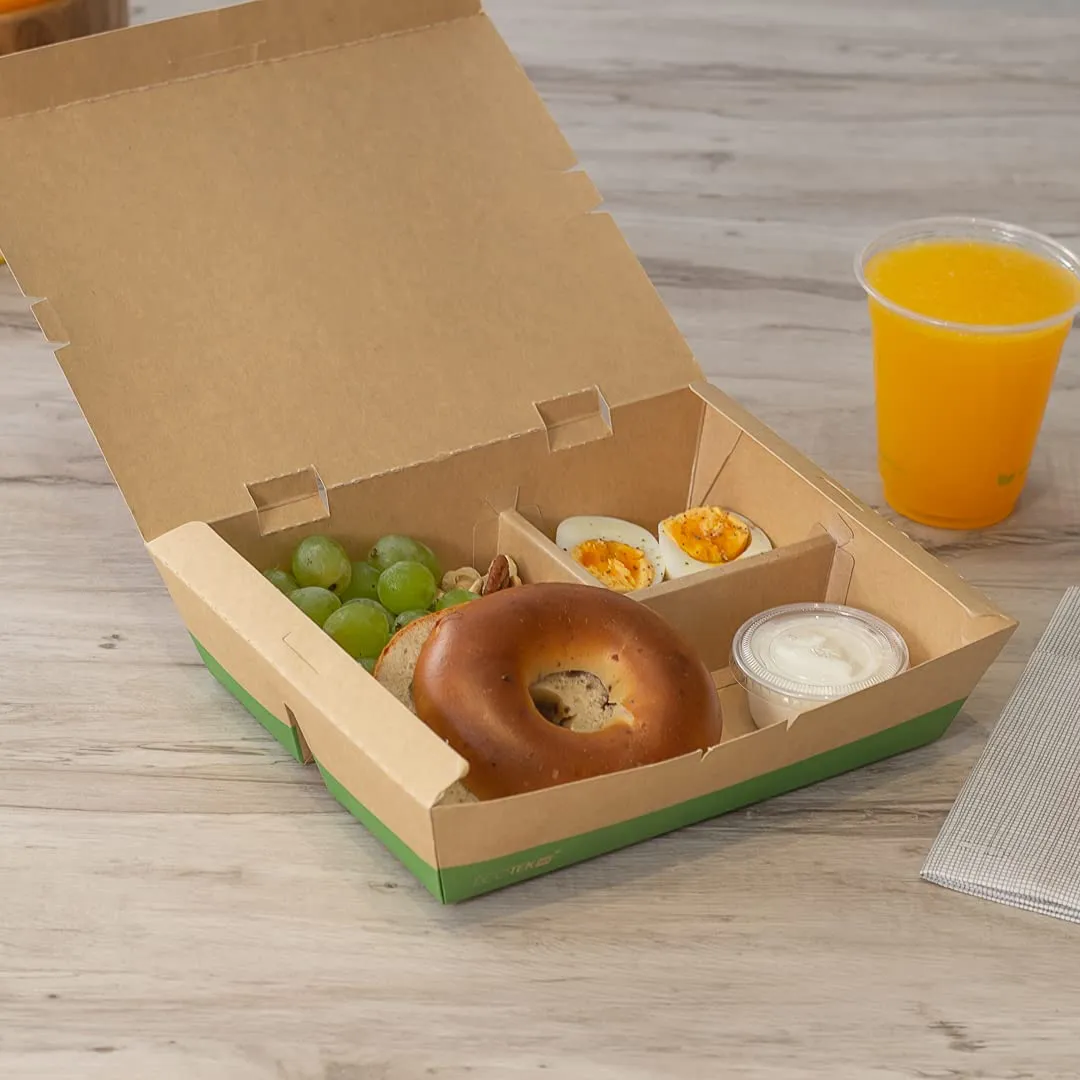 restaurantware-eco-tek-50-7-ounce-to-go-boxes-100-bento-boxes-3-compartments-tab-lock-closure-kraft-and-green-paper-take-out-boxes-pla-lining-for-restaurants-or-parties