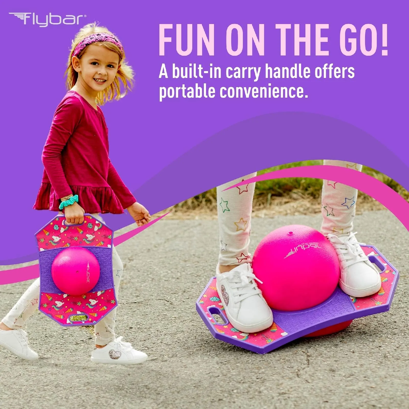 flybar-pogo-trick-ball-for-kids-trick-bounce-board-for-boys-and-girls-ages-6-up-to-160-lbs-includes-pump-easy-to-carry-handle-durable-plastic-deck-indoor-outdoor-toy-pogo-jumper