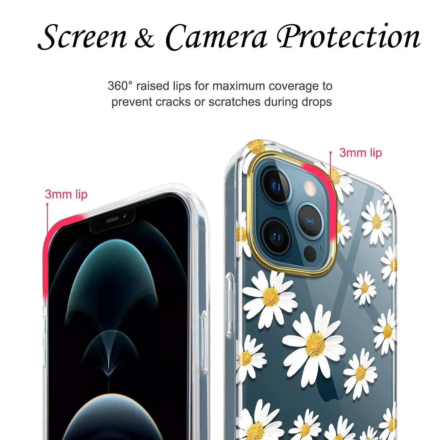 jiaxiufen-clear-case-compatible-with-iphone-12-iphone-12-pro-case-with-flowers-for-girls-women-shockproof-glitter-floral-pattern-hard-back-cover-phone-case-for-iphone-12-12-pro-6-1-daisy-white