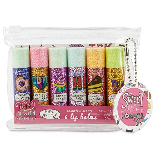 6-piece-scented-lip-balm-set-pack-of-6-sweet-like-donuts-roll-on-flavored-lip-balm-sticks-with-beesax-in-a-small-zipper-purse-case-for-girls-by-tri-coastal-design