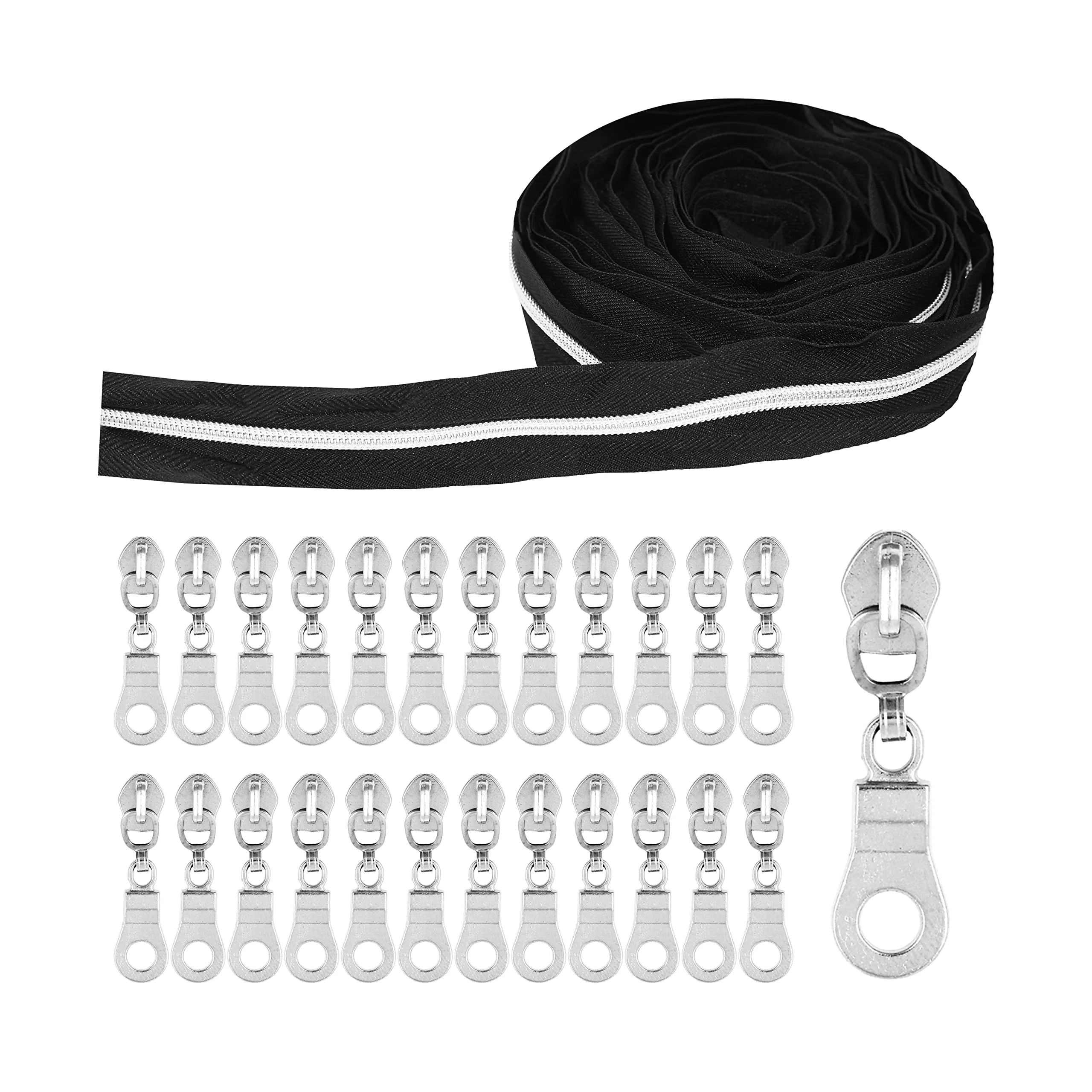mandala-crafts-metallic-silver-zipper-tape-by-the-yard-5-with-pulls-black-nylon-coil-upholstery-zippers-for-sewing-continuous-zipper-chain-10-yard-long-zipper-roll