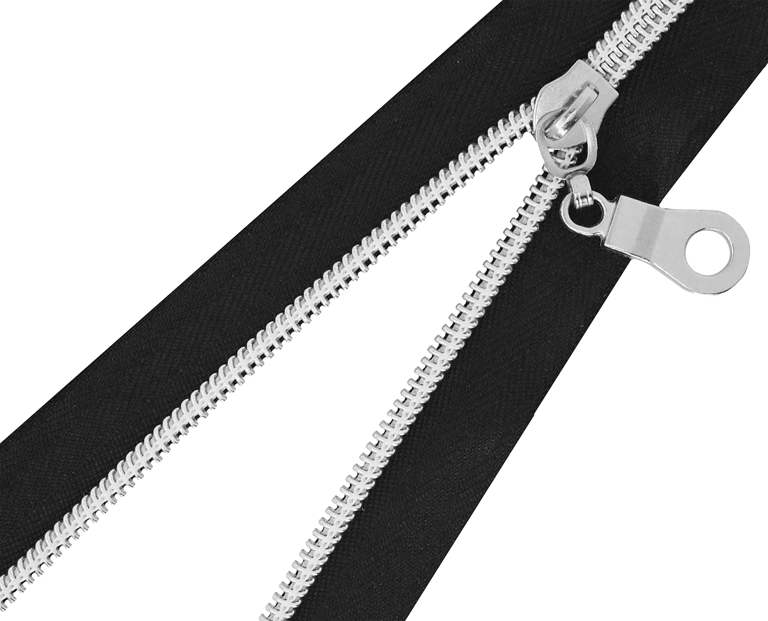 mandala-crafts-metallic-silver-zipper-tape-by-the-yard-5-with-pulls-black-nylon-coil-upholstery-zippers-for-sewing-continuous-zipper-chain-10-yard-long-zipper-roll