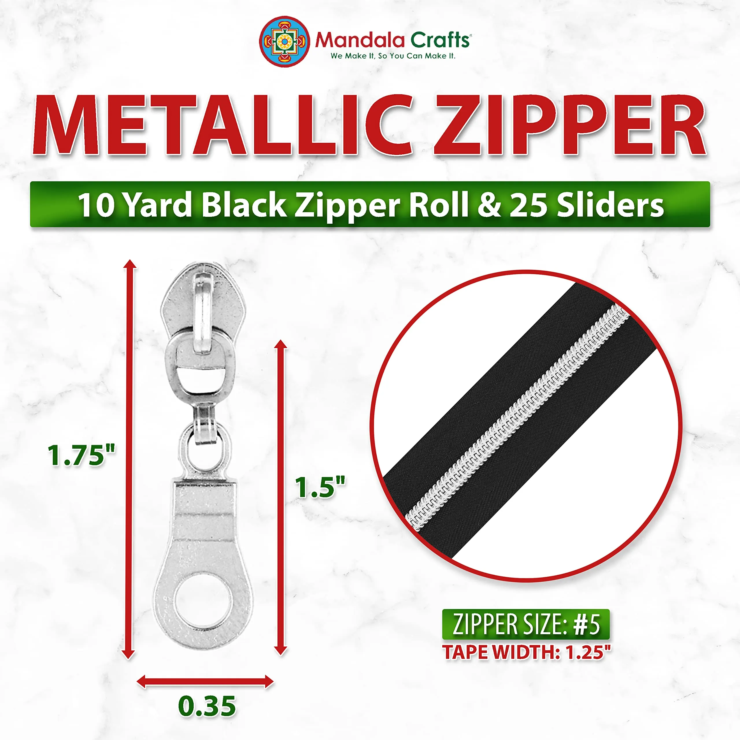 mandala-crafts-metallic-silver-zipper-tape-by-the-yard-5-with-pulls-black-nylon-coil-upholstery-zippers-for-sewing-continuous-zipper-chain-10-yard-long-zipper-roll