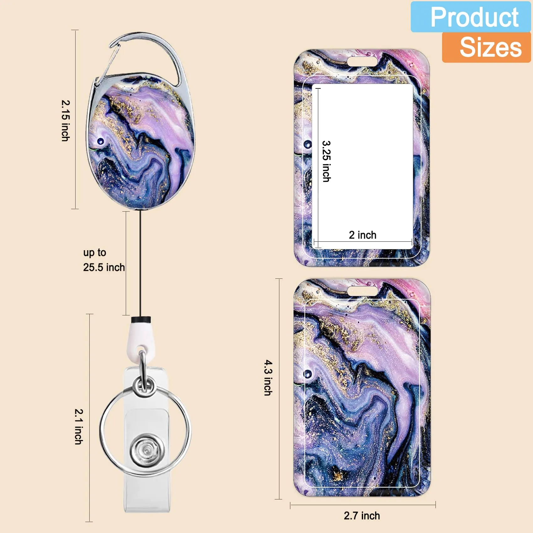 badge-holder-with-retractable-reel-cute-badge-reel-with-belt-clip-carabiner-and-key-ring-vertical-id-name-card-protector-cover-case-for-office-worker-nurse-teacher-student-purple-marble
